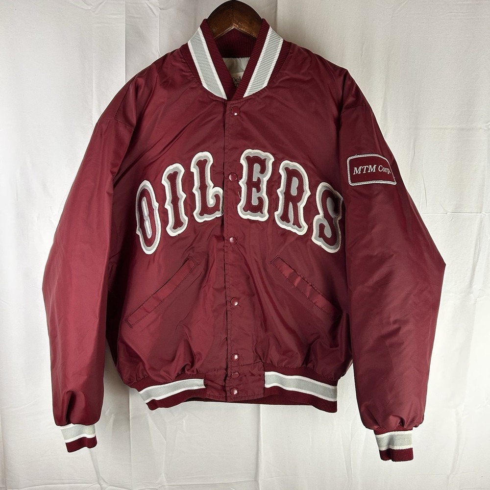 Vintage DeLong Athletic Jacket Oilers Red Made in USA Mens Large 80s 90s
